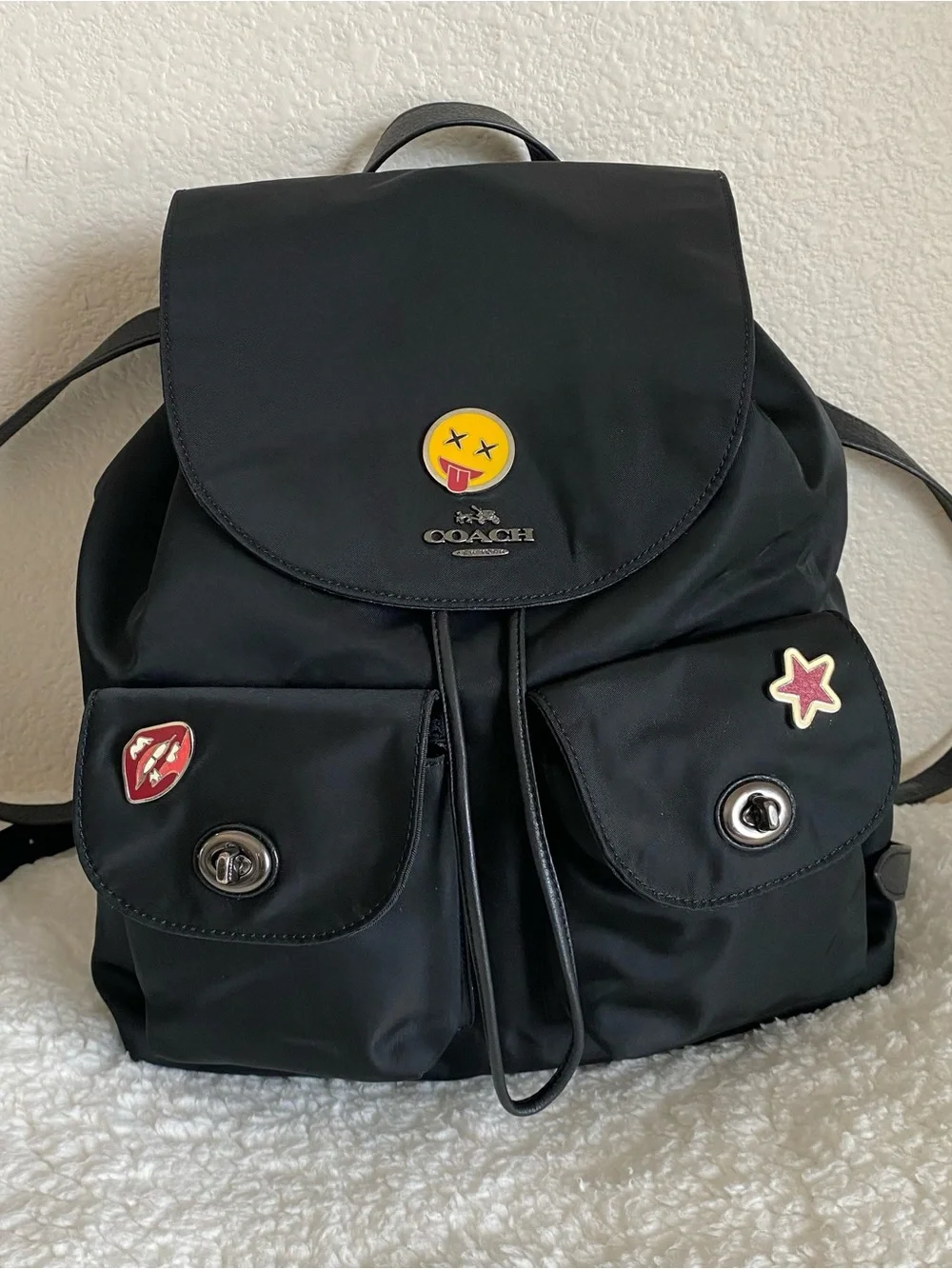 COACH Billie Black Nylon Backpack + Rare Coach Enamel Pin Set